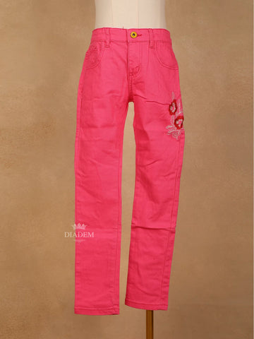 Pink Cotton Blend Denim Pants for Girls - Diadem