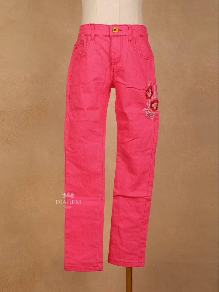 Pink Cotton Blend Denim Pants for Girls - Diadem