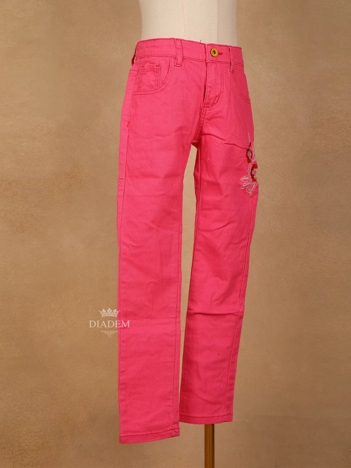 Pink Cotton Blend Denim Pants for Girls - Diadem