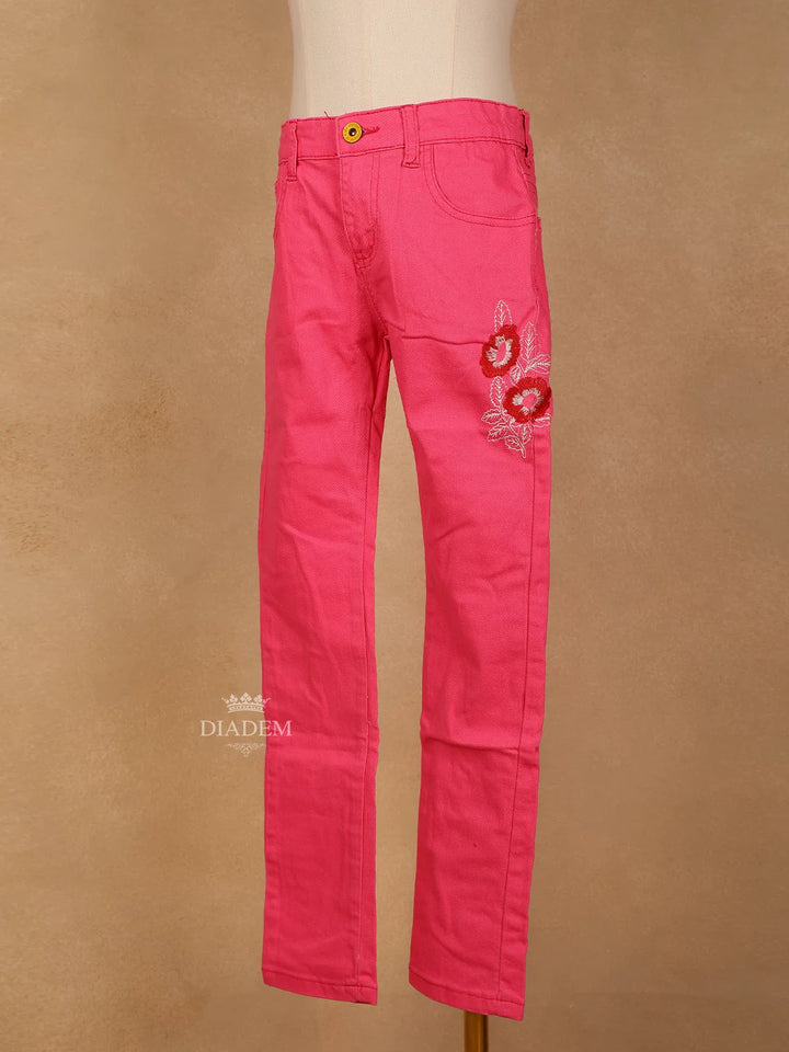 Pink Cotton Blend Denim Pants for Girls - Diadem