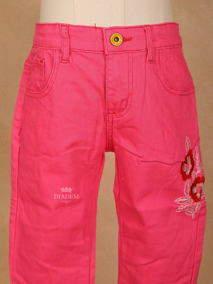 Pink Cotton Blend Denim Pants for Girls - Diadem