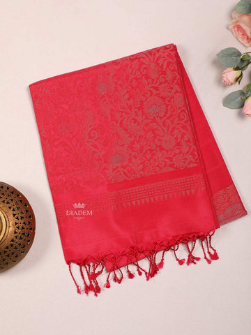 Red Pink Soft Silk Saree with Floral Motif on the body and Zari Border - Diadem