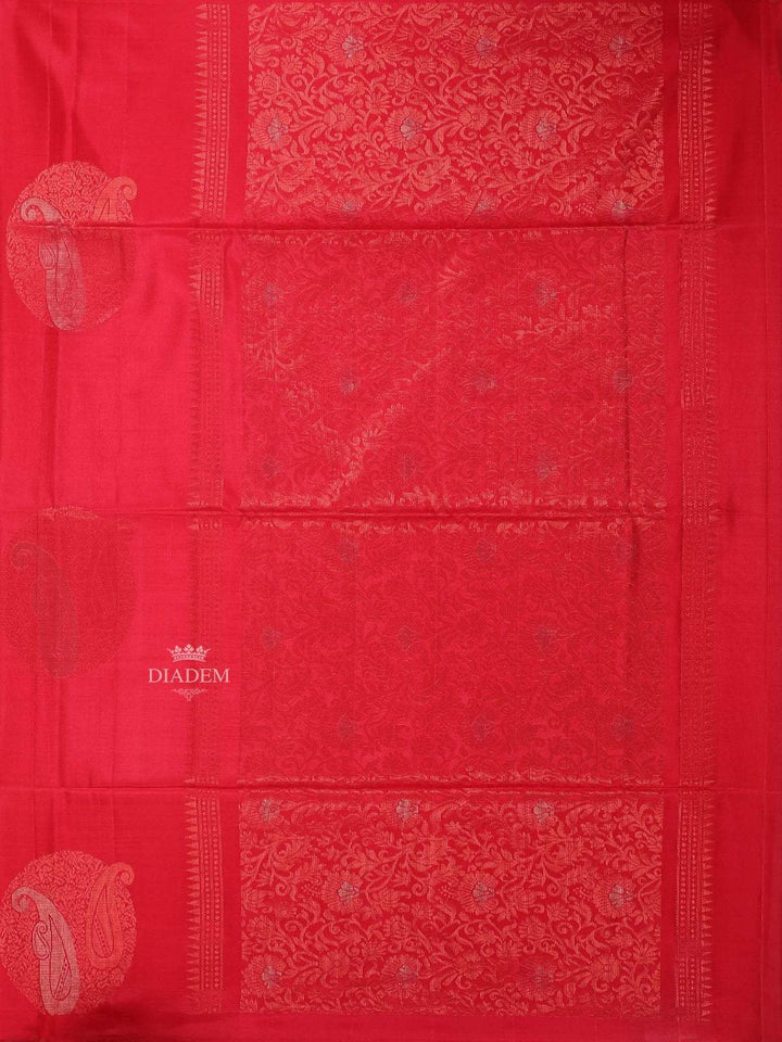 Red Pink Soft Silk Saree with Floral Motif on the body and Zari Border - Diadem