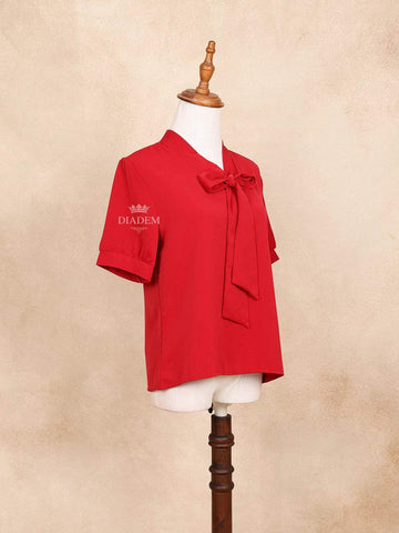 Red Bow Tie Knot Mock Neck Short Sleeve Shirt Top - Diadem
