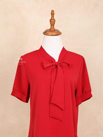 Red Bow Tie Knot Mock Neck Short Sleeve Shirt Top - Diadem
