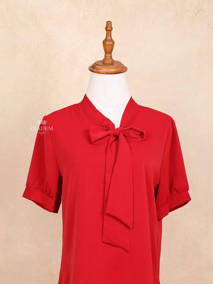 Red Bow Tie Knot Mock Neck Short Sleeve Shirt Top - Diadem
