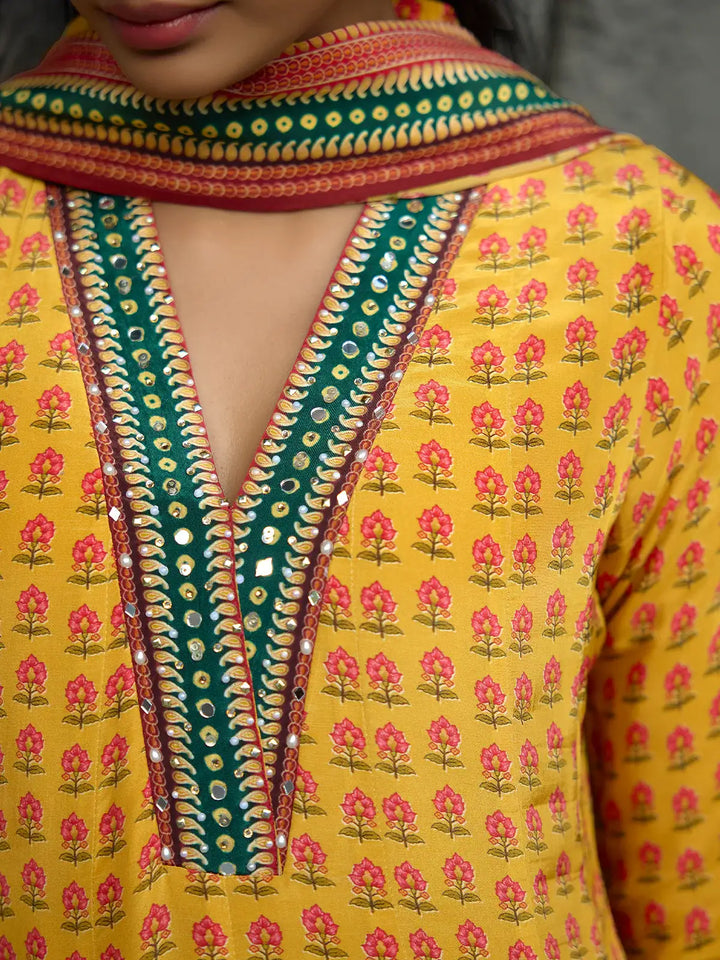 Yellow Floral Printed Synthetic Salwar Suit - Diadem