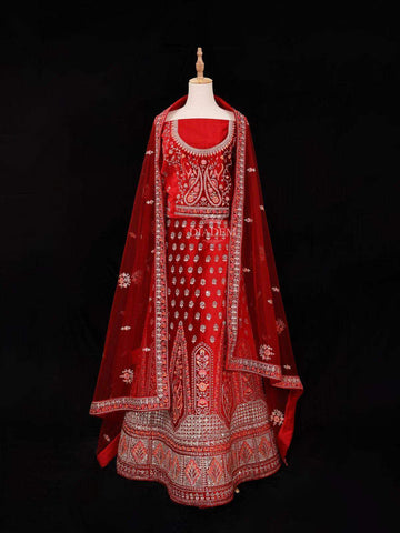 Red Semi Stitched Lehenga Embellished with Embroidery Floral Design with Dupatta - Diadem