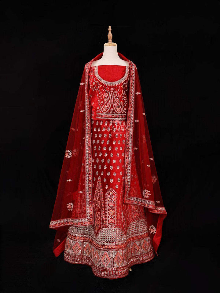 Red Semi Stitched Lehenga Embellished with Embroidery Floral Design with Dupatta - Diadem