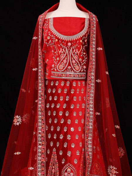 Red Semi Stitched Lehenga Embellished with Embroidery Floral Design with Dupatta - Diadem