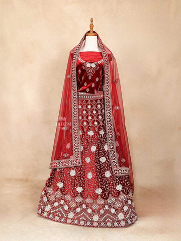 Maroon Semi Stitched Lehenga Adorned with Embroidery with Floral Design with Dupatta - Diadem