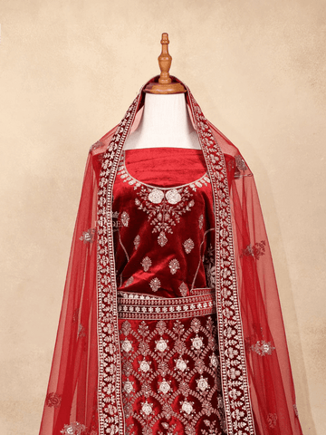 Maroon Semi Stitched Lehenga Adorned with Embroidery with Floral Design with Dupatta - Diadem