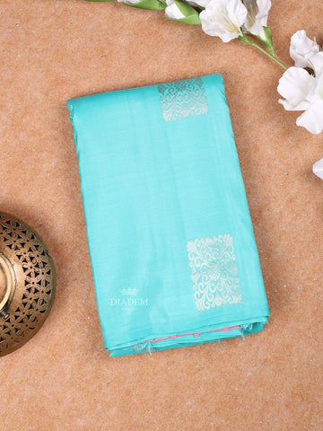 Sky Blue Pure Kanchipuram Bridal Silk Saree with Flower Jacquard Design on the Body with Zari Border - Diadem