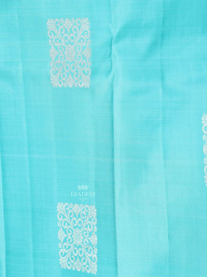 Sky Blue Pure Kanchipuram Bridal Silk Saree with Flower Jacquard Design on the Body with Zari Border - Diadem