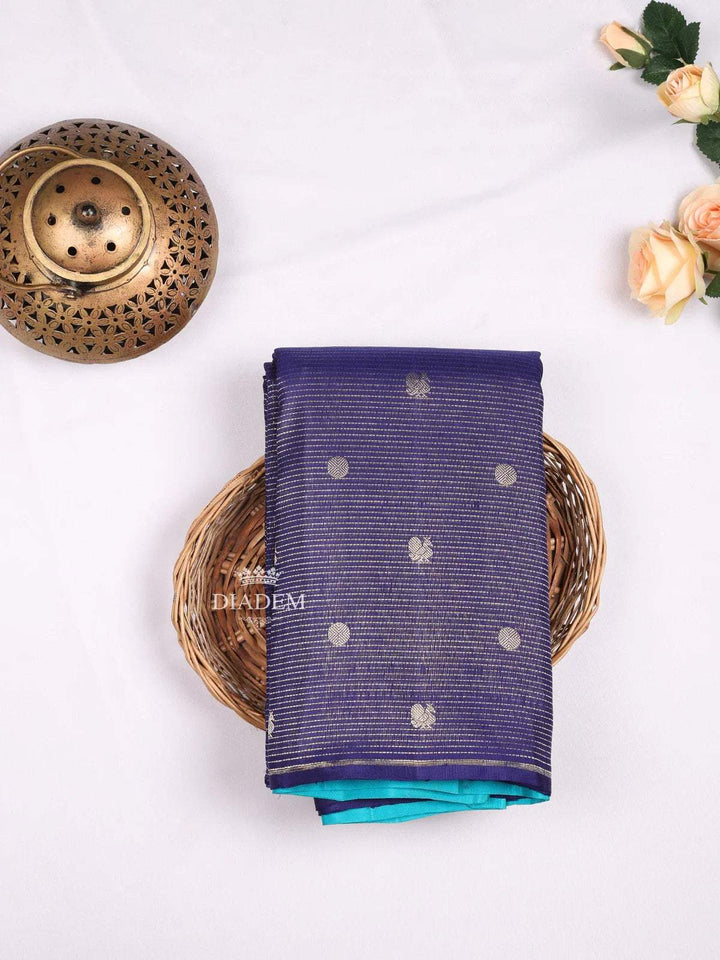 Ink Blue Pure Kanchipuram Pattu Saree with Stripes on the body and Without Border - Diadem