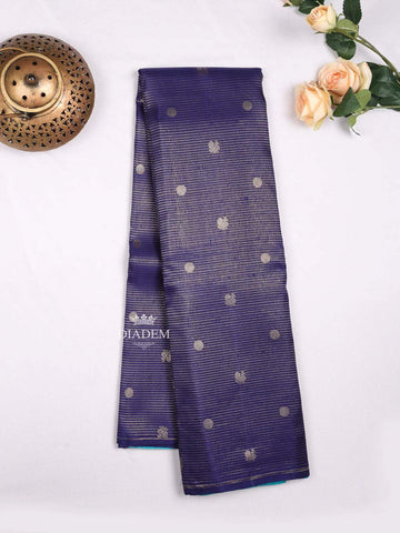 Ink Blue Pure Kanchipuram Pattu Saree with Stripes on the body and Without Border - Diadem