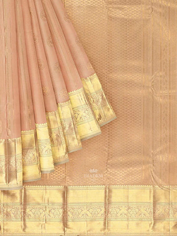 Peach Pure Kanchipuram Bridal Silk Saree with Stripes and Zari Butta on the body and Zari Border - Diadem