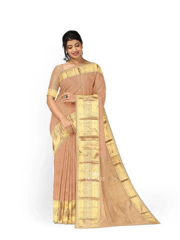 Peach Pure Kanchipuram Bridal Silk Saree with Stripes and Zari Butta on the body and Zari Border - Diadem