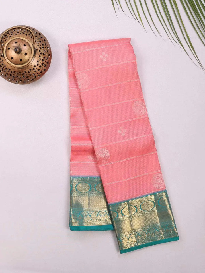 Light Pink Pure Kanchipuram Bridal Silk Saree with Floral Motif & Stripes - Diadem