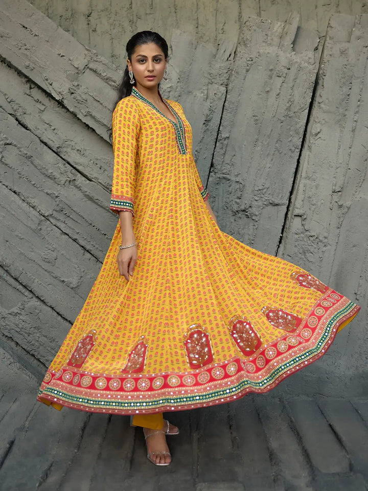 Yellow Floral Printed Synthetic Salwar Suit - Diadem