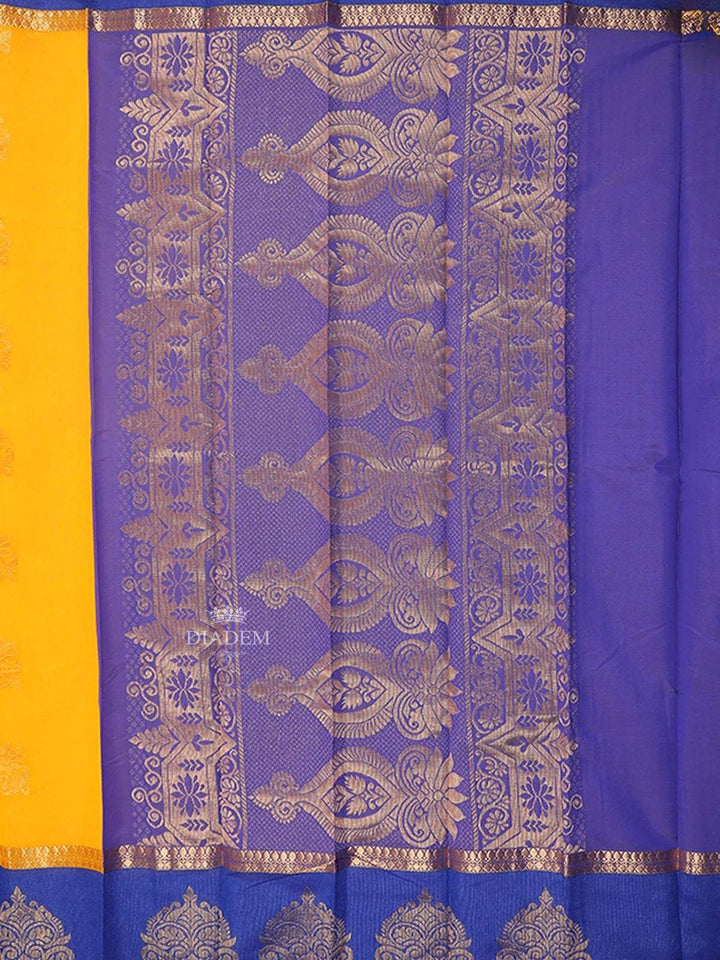 Yellow Silk Cotton Saree with Lotus Motifs on the Body with Contrast Border - Diadem