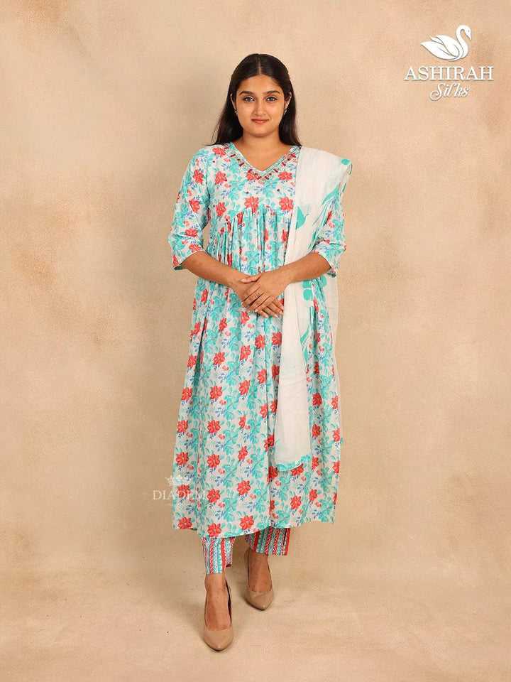 Off White Straight Cut Cotton Salwar Suit with Floral Prints and Beads paired with Dupatta - Diadem