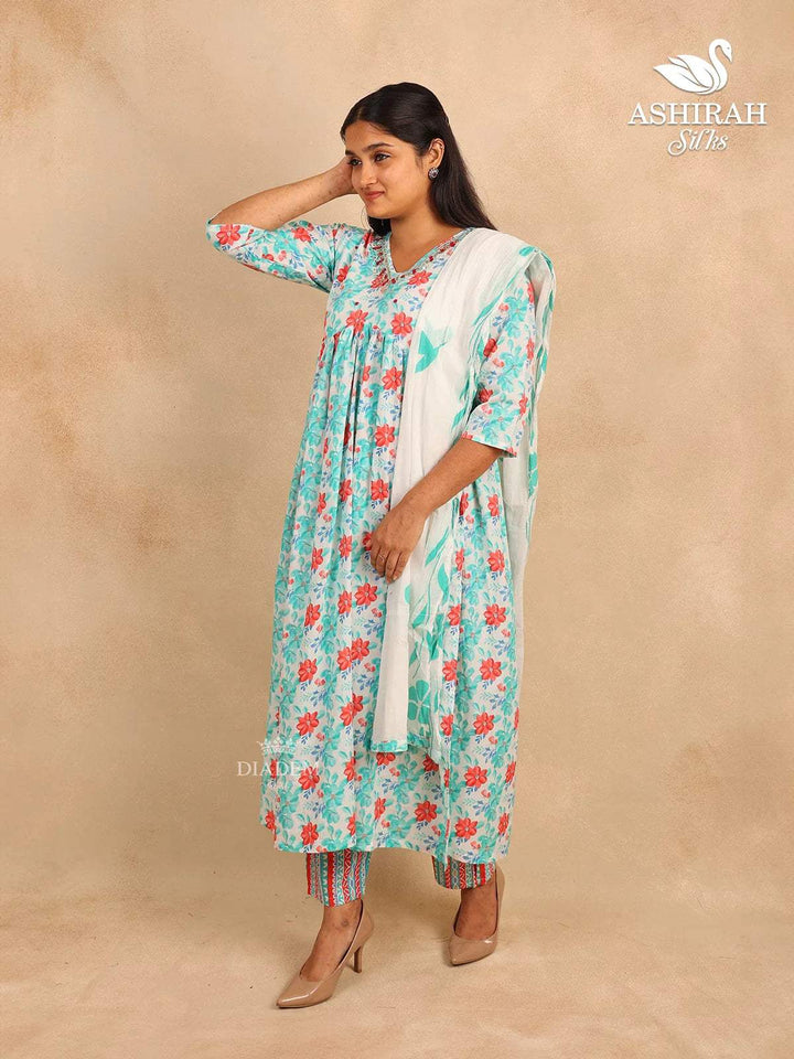 Off White Straight Cut Cotton Salwar Suit with Floral Prints and Beads paired with Dupatta - Diadem