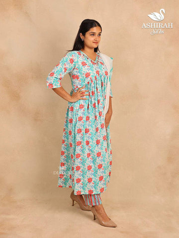 Off White Straight Cut Cotton Salwar Suit with Floral Prints and Beads paired with Dupatta - Diadem
