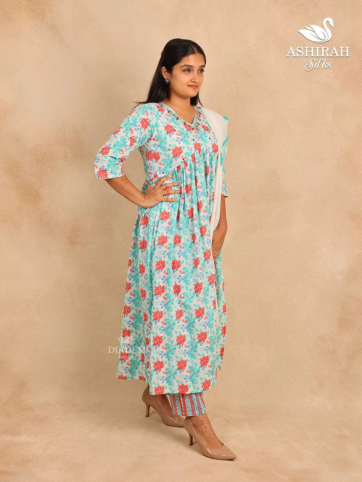 Off White Straight Cut Cotton Salwar Suit with Floral Prints and Beads paired with Dupatta - Diadem