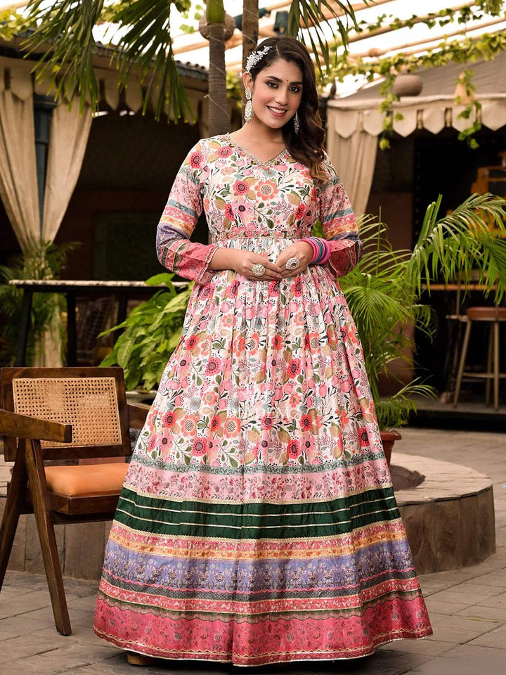 Ivory Crepe Anarkali Salwar Suit with Floral Prints Paired with Dupatta and Waist Belt - Diadem