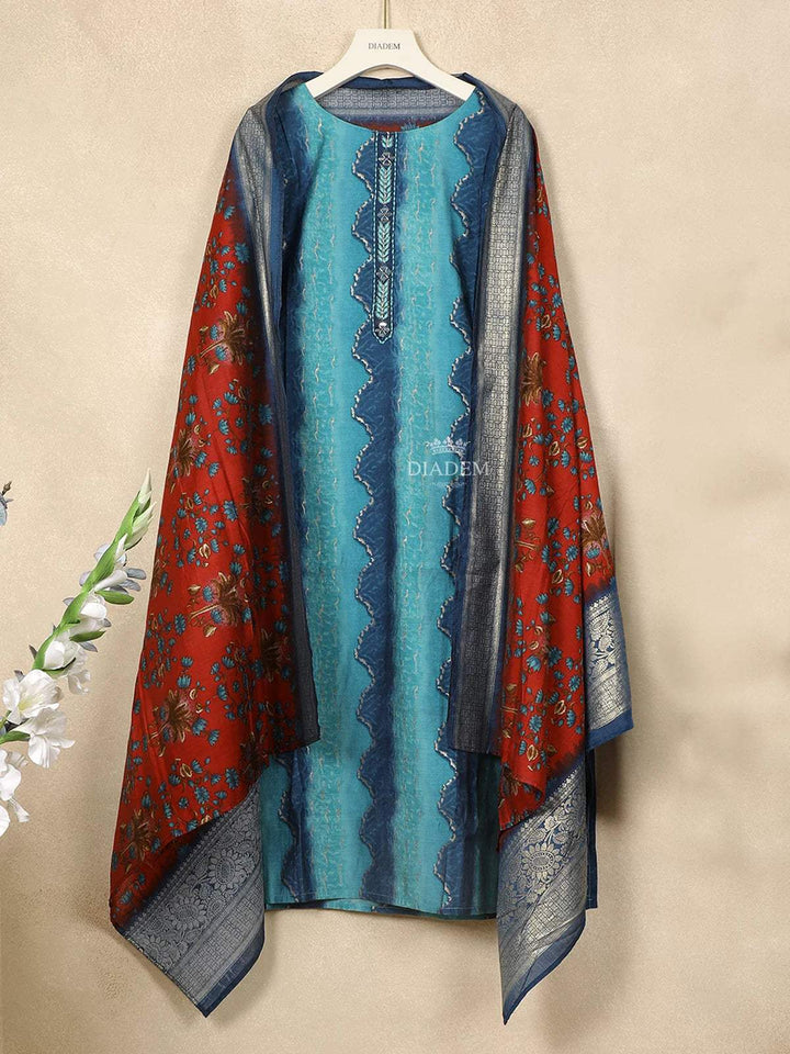 Blue Cotton Straight Cut Salwar Suit for Women Adorned with Sequins and Design prints Paired with Dupatta - Diadem