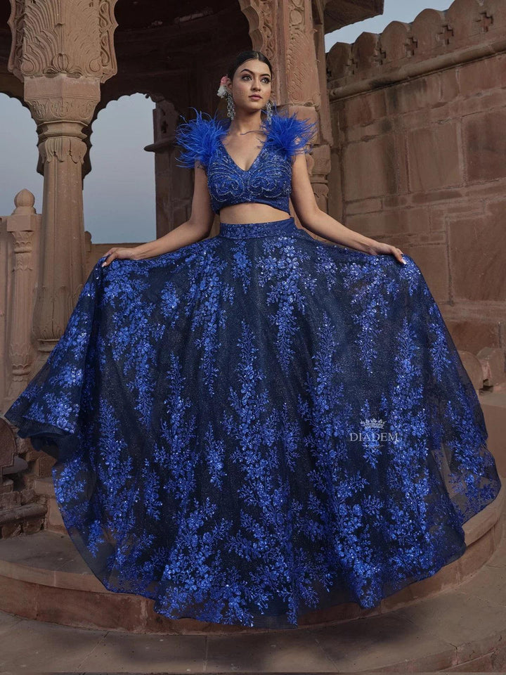 Royal Blue Net Wedding Bridal Lehenga with Floral Sequins Sleeveless Feather - Diadem