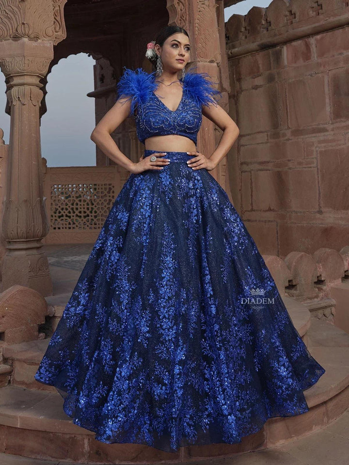 Royal Blue Net Wedding Bridal Lehenga with Floral Sequins Sleeveless Feather - Diadem