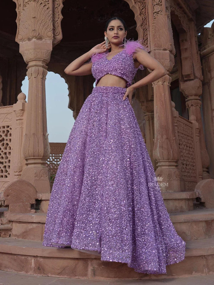 Lilac Net Bridal Lehenga with Sequins Beads Sleeveless Feather - Diadem