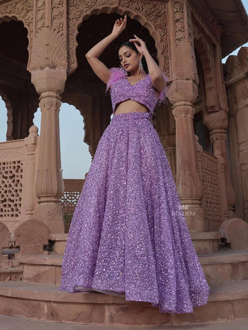 Lilac Net Bridal Lehenga with Sequins Beads Sleeveless Feather - Diadem