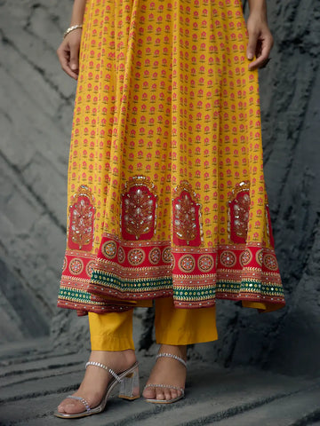 Yellow Floral Printed Synthetic Salwar Suit - Diadem