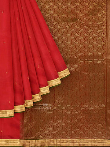 Dark Red Silk Saree with Zari Butta on the Body and Contrast Zari Border - Diadem