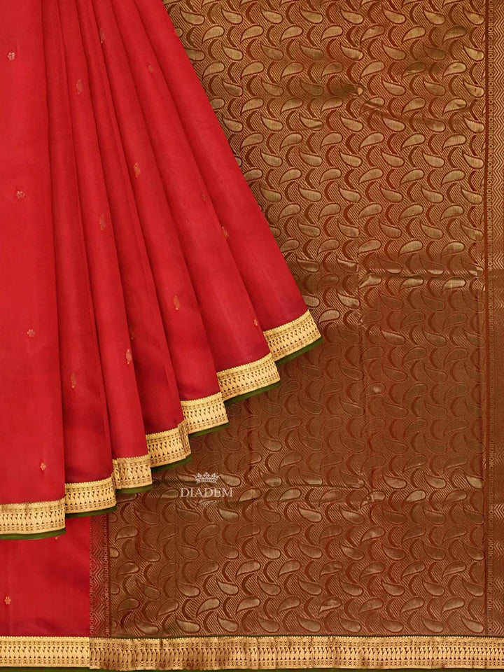 Dark Red Silk Saree with Zari Butta on the Body and Contrast Zari Border - Diadem