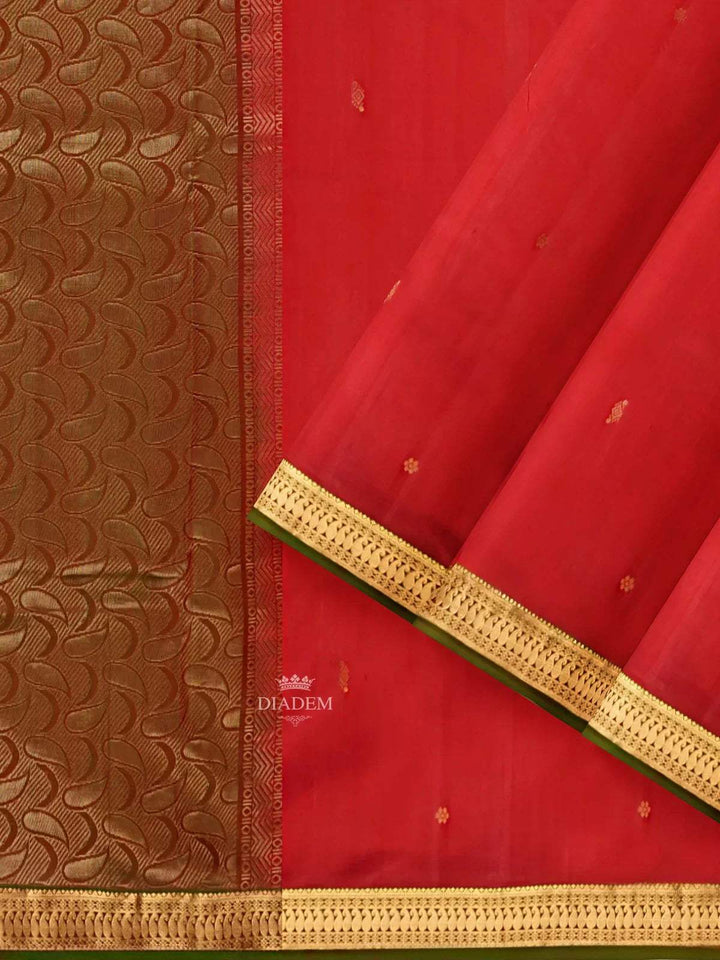 Dark Red Silk Saree with Zari Butta on the Body and Contrast Zari Border - Diadem