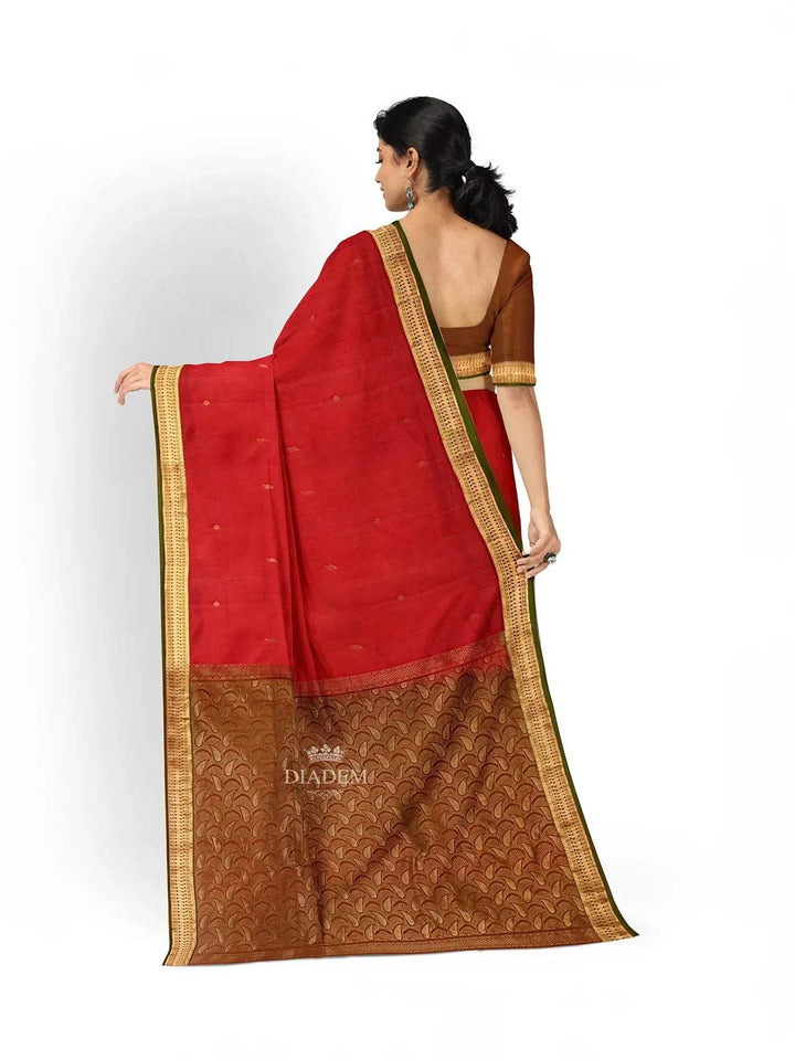 Dark Red Silk Saree with Zari Butta on the Body and Contrast Zari Border - Diadem