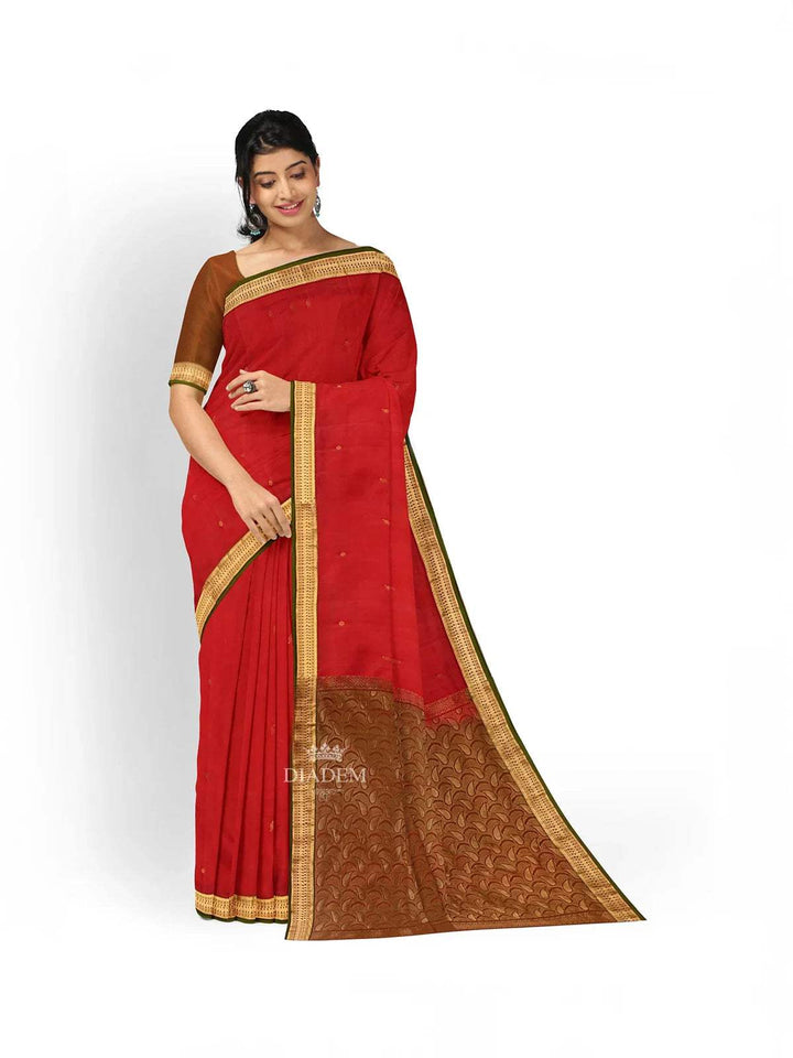 Dark Red Silk Saree with Zari Butta on the Body and Contrast Zari Border - Diadem