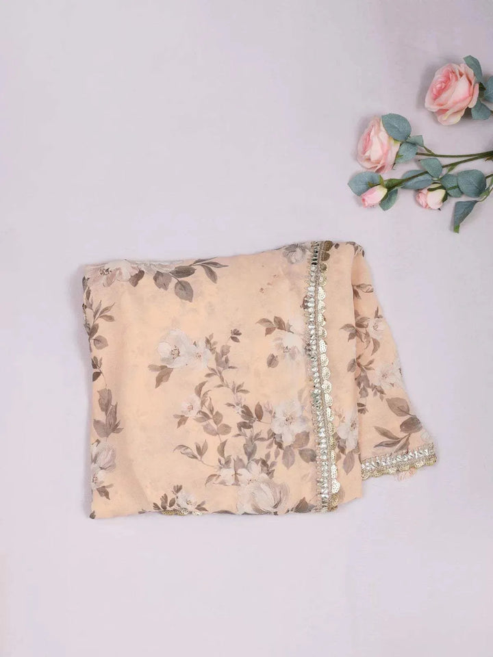 Cream Organza Saree with Floral Prints on the Body and Embroidered Border Paired with Designer Blouse - Diadem