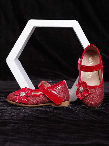 Red Pink Glitter Ballerinas with Attached 3D Flowers for Girls - Diadem