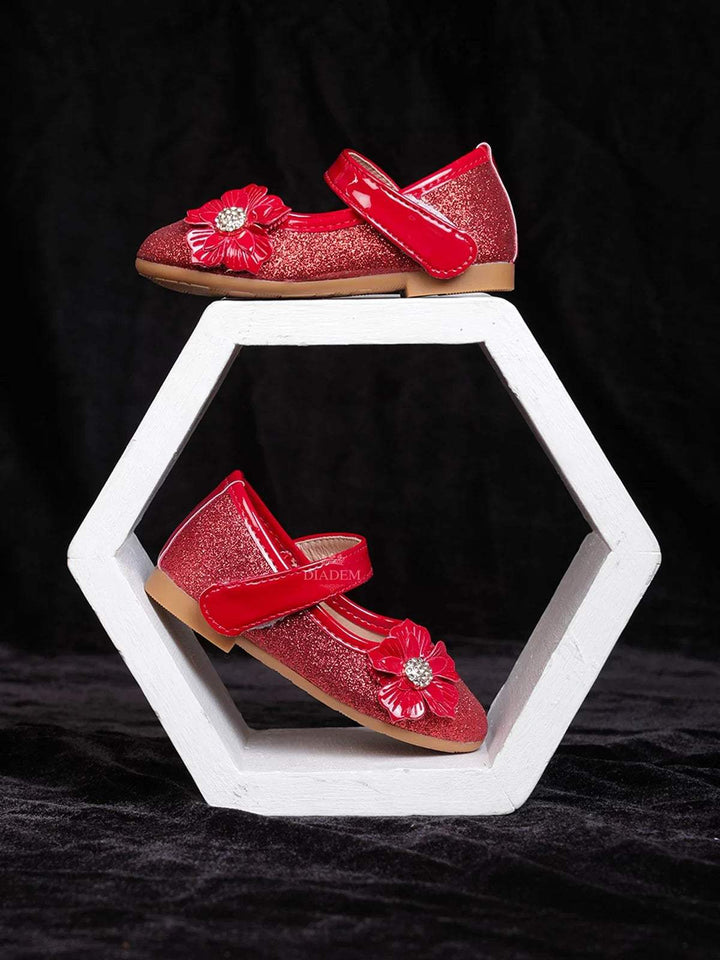 Red Pink Glitter Ballerinas with Attached 3D Flowers for Girls - Diadem