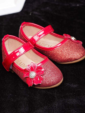 Red Pink Glitter Ballerinas with Attached 3D Flowers for Girls - Diadem