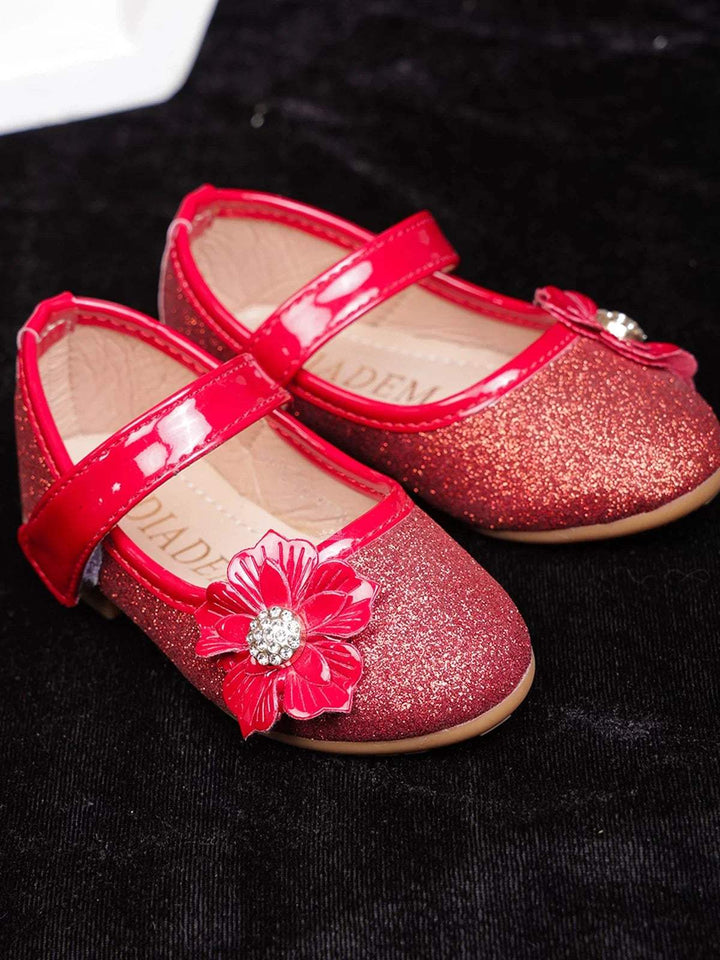 Red Pink Glitter Ballerinas with Attached 3D Flowers for Girls - Diadem