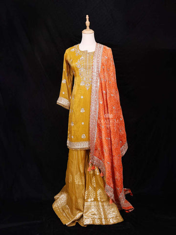 Mustard Yellow Palazzo Salwar Suit Adorned with Sequins and Beads Design Paired with Dupatta - Diadem