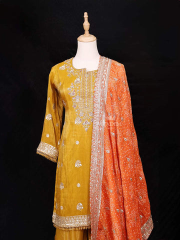 Mustard Yellow Palazzo Salwar Suit Adorned with Sequins and Beads Design Paired with Dupatta - Diadem