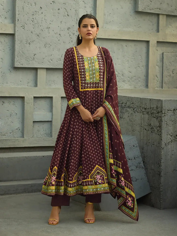 Maroon Floral Printed Synthetic Salwar Suit - Diadem