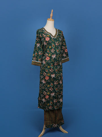 Dark Green Floral Designed Cotton Salwar Suit - Diadem